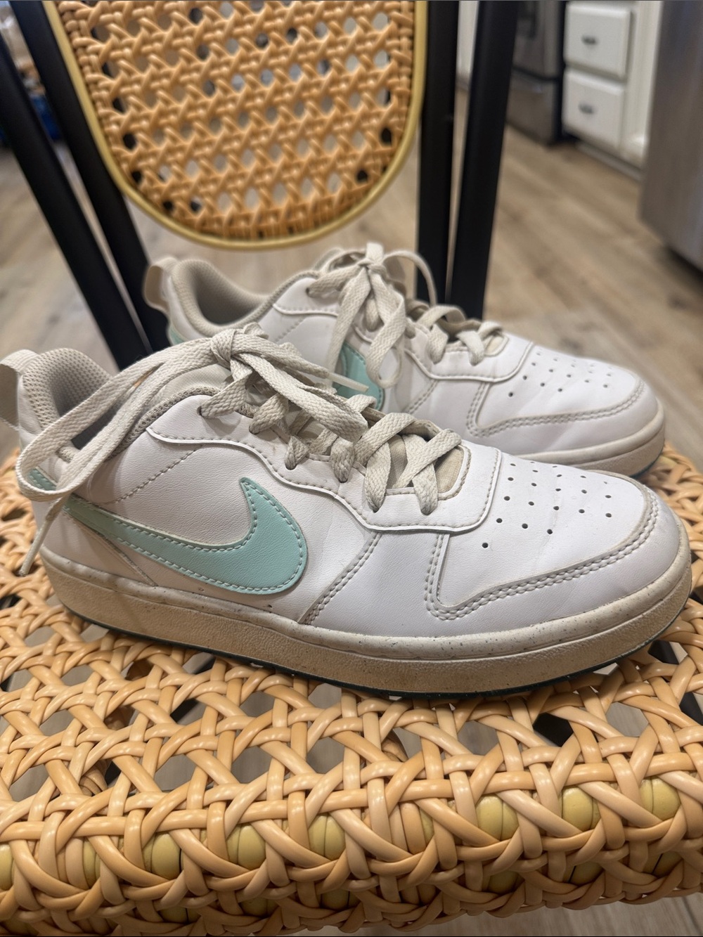 Nike Kids White Sneakers with Mint Swoosh - Casual Lace-Up Shoes